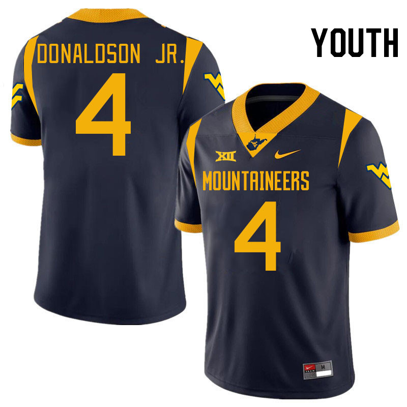 Youth #4 CJ Donaldson Jr. West Virginia Mountaineers College 2024 New Uniforms Football Jerseys Stit